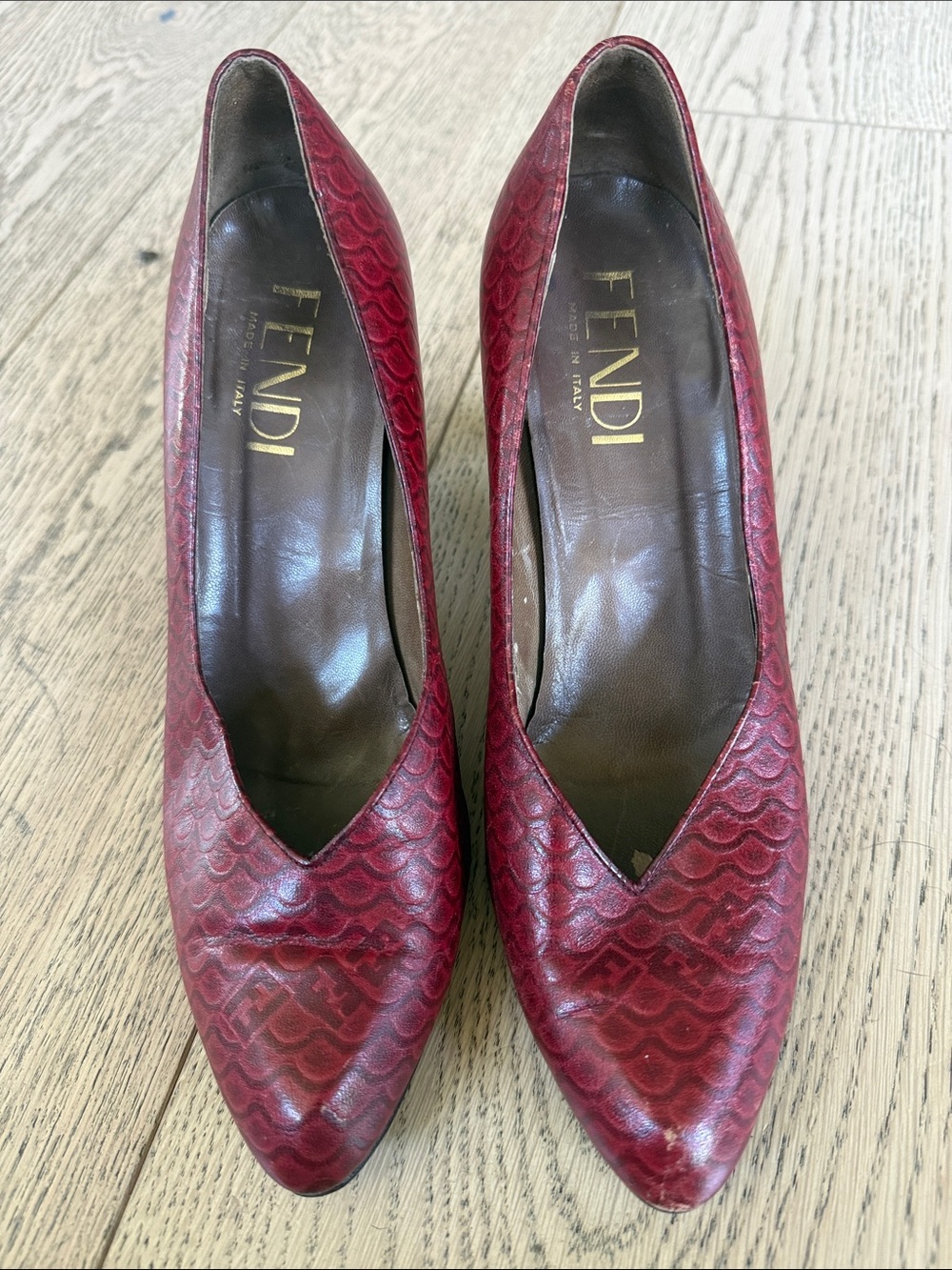 Fendi Burgundy Patterned Leather Pointed-Toe Pumps